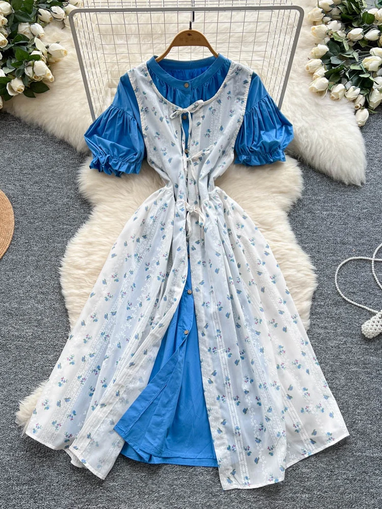 

Rustic Lace Embroidered Floral Print Dress 2025 Summer Blue Bubble Sleeve Dress College Style Two Piece Set Women's Fashion