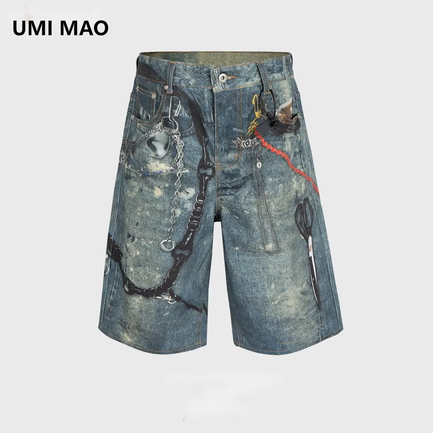 UMI MAO  Men's Women's Pant Spring  Summer New Old Pants High Street Unisex 3D Scissors Printed Denim Shorts