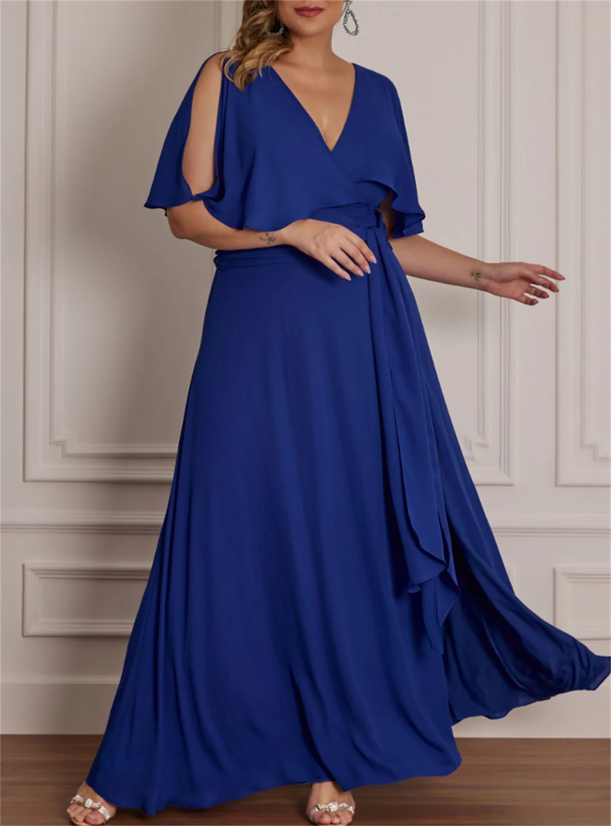 A-Linie Chiffon Braut Mutter Kleid elegante V-Ausschnitt sexy Schlitz Länge Stretch Bund halbe Ärmel 2024 plus Größe benutzer definierte Farbe