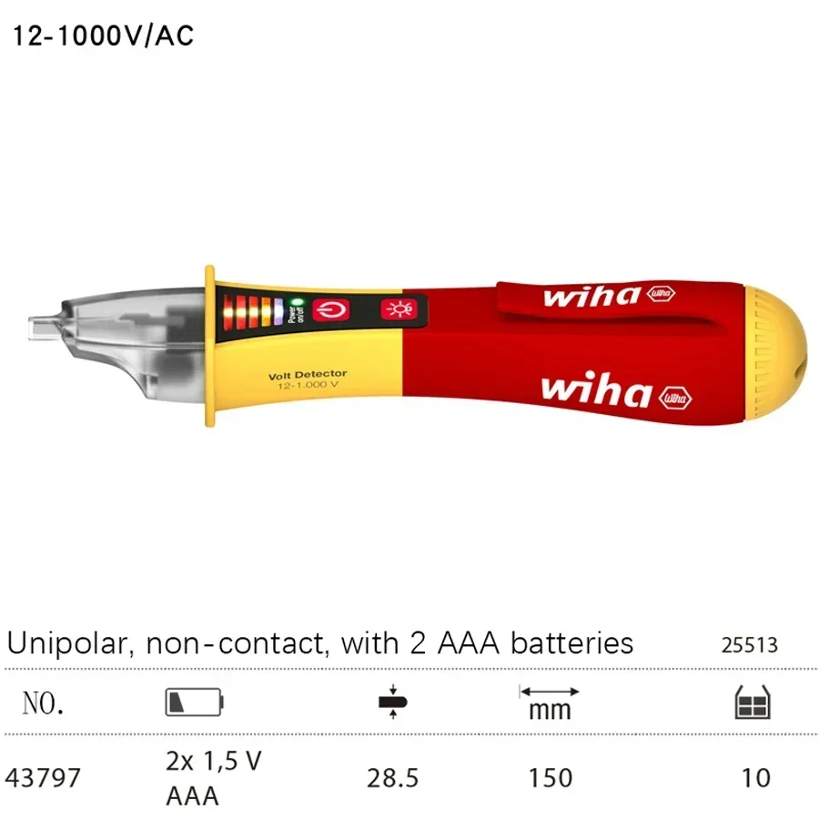 ของแท้ WIHA Multifunctional Single Pole Non-contact Volt Detector Induction ปากกาทดสอบประกอบด้วยแบตเตอรี่ AAA สองก้อน 43797 | 43798