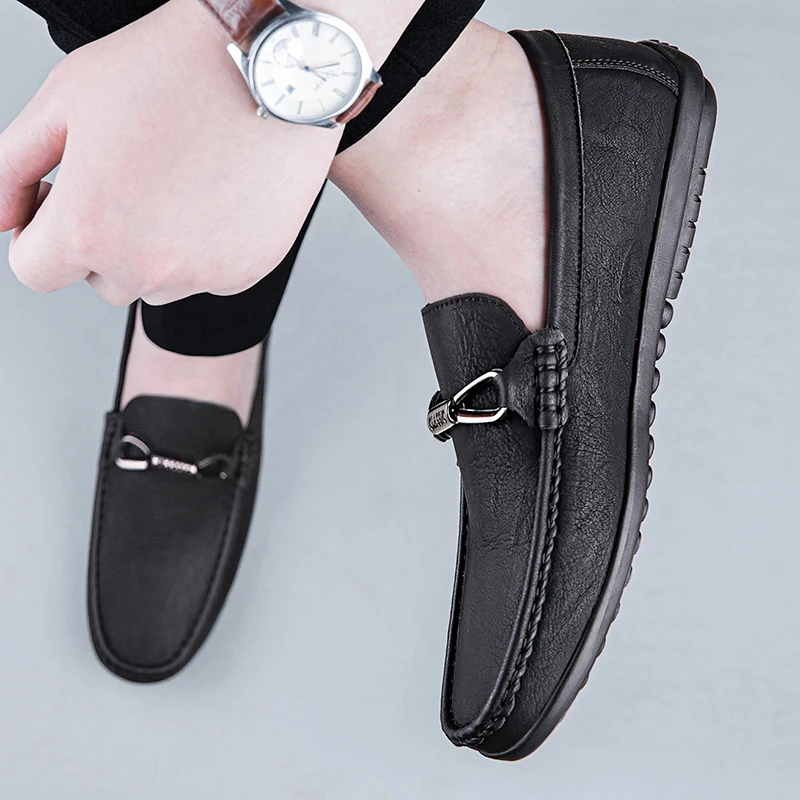 

Spring Metal Buckle Loafers Men's Luxury Brand Low Cut Fashion Casual Shoes Soft Sole Simple Formal High-quality Leather Shoes