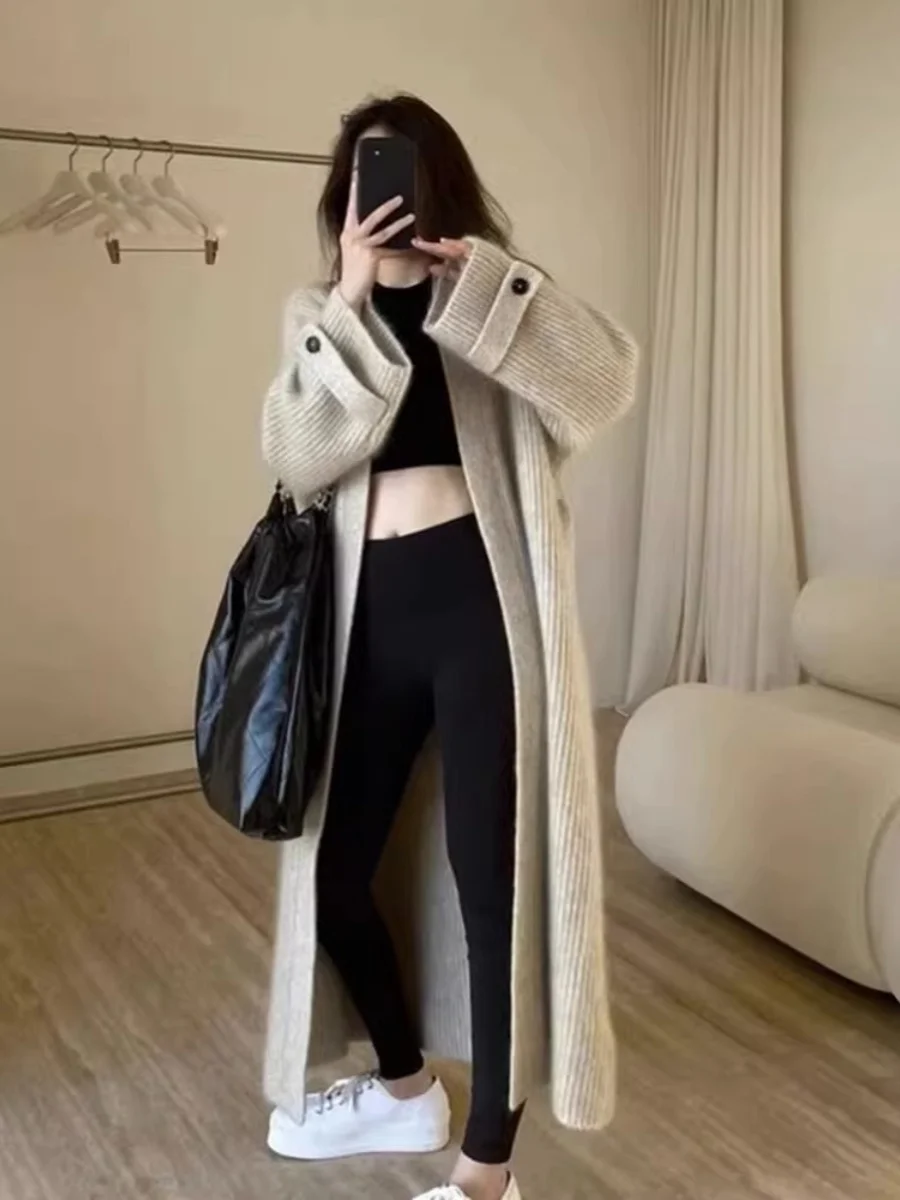 

Корейский длинный вязаный свитер, пальто Lazy Sle длиной до колена, средней длины, V-Ne, открытый кардиган, свободный крой, модная женская одежда