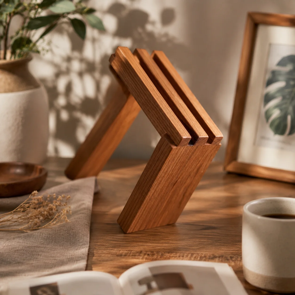 Countertop Blade Rack Solid Wood Slanted Blade Holder Space-Saving Easy to Clean for Home Cooks, Apartment Kitchen