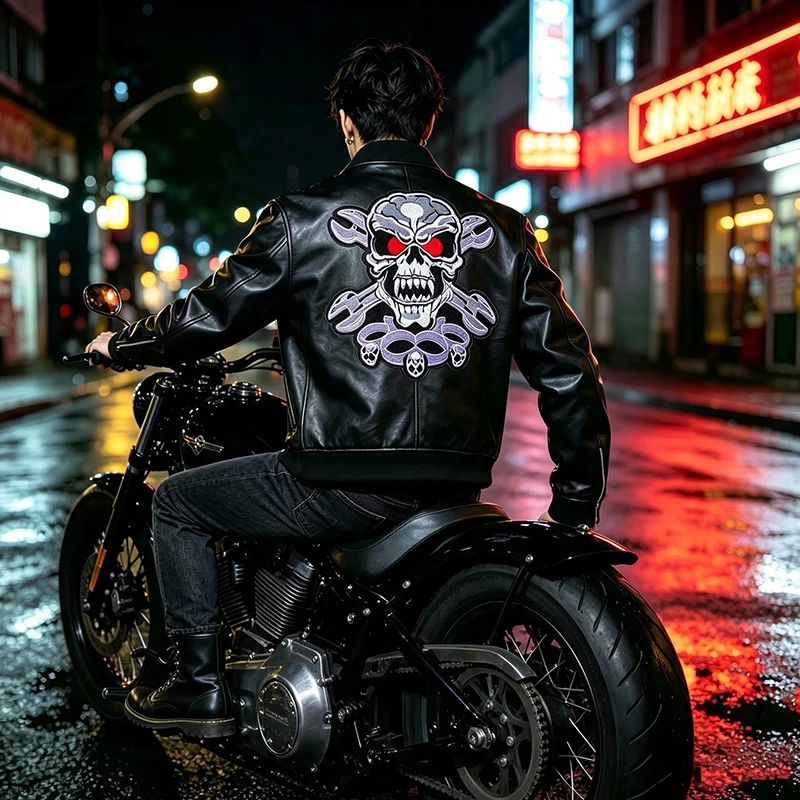 Large Flame Skull Wrench Double Broadsword Embroidery Patch Iron-On Applique for Jacket Back Motorcycle Biker DIY Clothing Decor