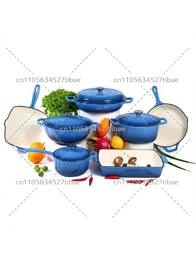 Cast Iron Enamel Cookware Set, 7-Piece Nonstick Pot and Pan Set with 24cm Soup Pot and Frying Pan