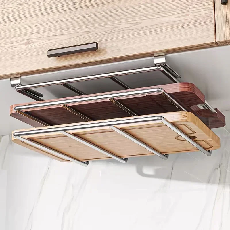 Soporte organizador para tabla de cortar debajo del gabinete, tabla de cortar colgante para cocina, tapa para olla, estante de almacenamiento de utensilios de cocina de acero inoxidable