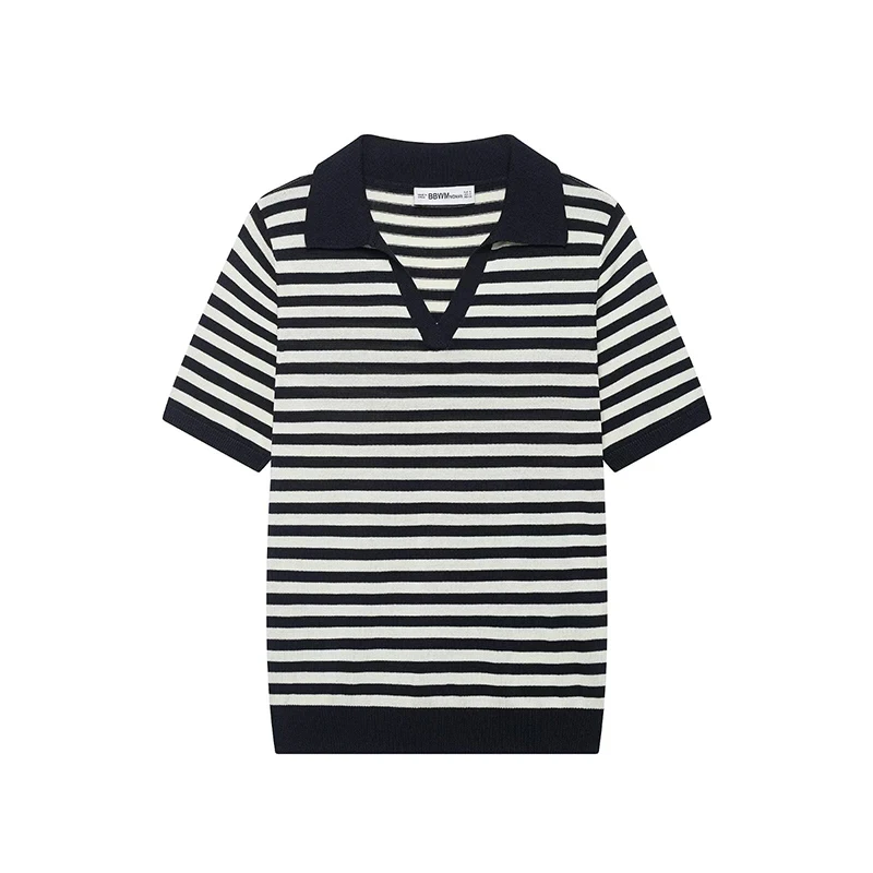 Women Preppy Striped Knit T Shirt Lapel V-neck Short Sleeve Daily Casual Knitted Polo Shirt Top