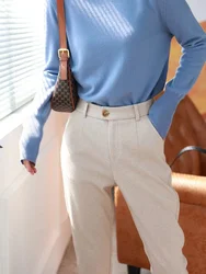 Beige Wool Pants for Women Autumn/Winter Casual Straight-Legged Trousers Woman's High-Waisted Work Pants with Zippered Pockets