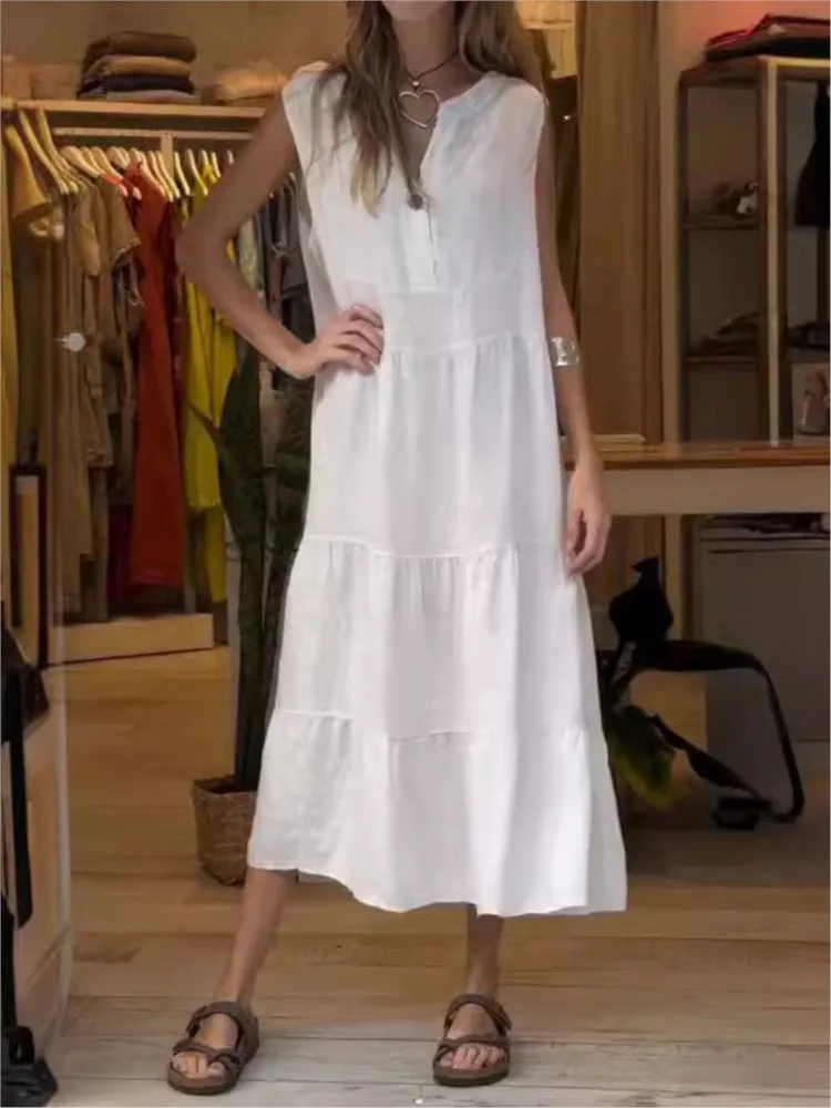 

Dress Women's Solid Color Loose Half Polo Sleeveless Robe Single Button A Line Casual Elegant Fashion Party Prom Club Vestidos