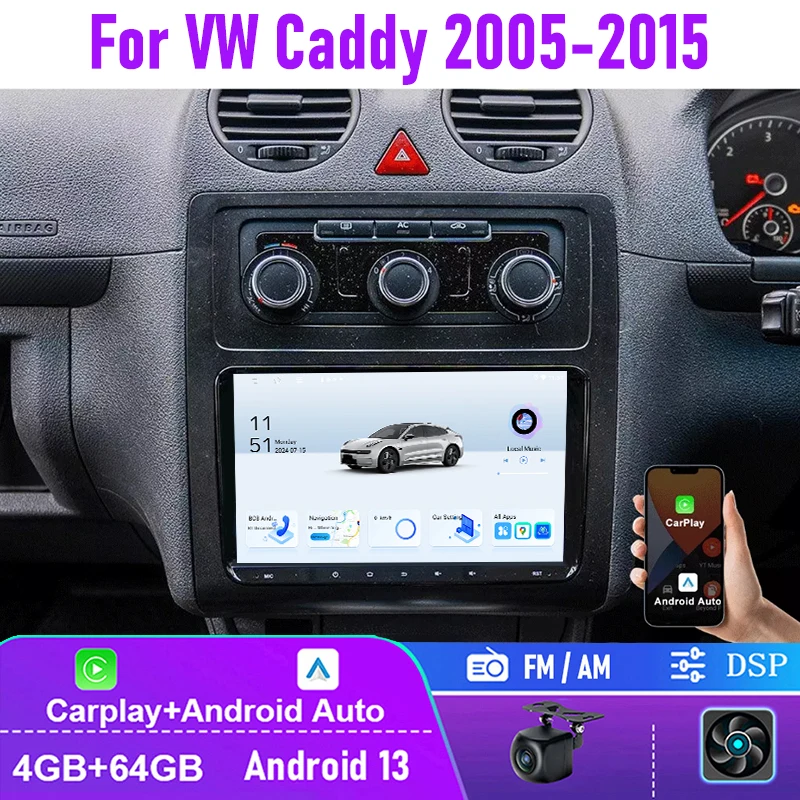 

9" 4+64GB For VW Caddy 2005-2015 Car Stereo Radio Wireless Apple Carplay Android 13 Head Unit FM AM BT GPS Navi