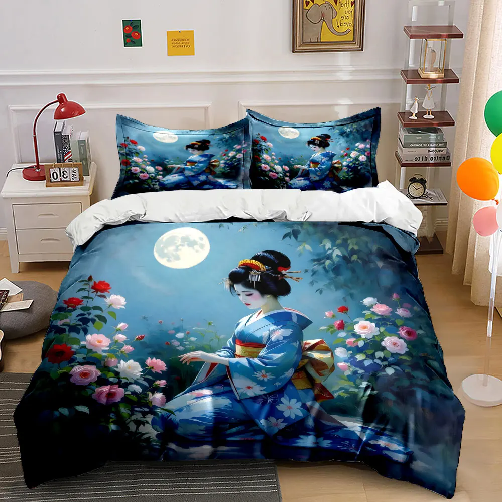 Woman in Kimono Admiring Flowers Print Soft Comfortable Duvet Cover Bedding Set Included 1*Duvet Cover 2*Pillowcases