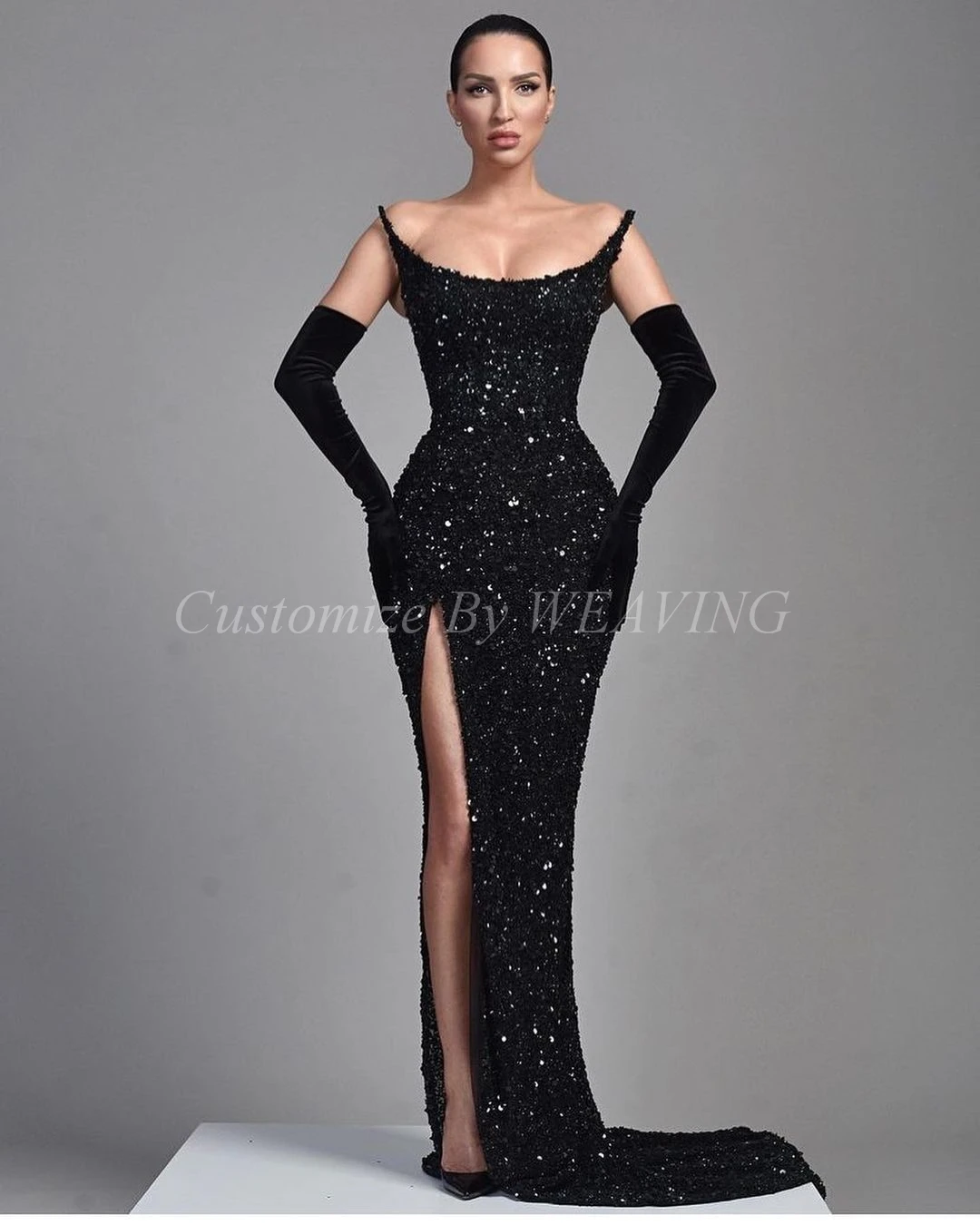 

Mermaid Black Sequins Evening Dresses Scoop Neck Robe De Mariée Side Split Floor Length Backless Dubai Women Party Prom Gowns