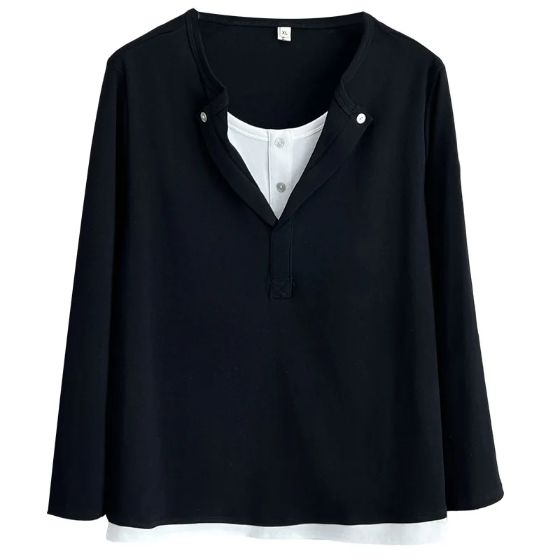 

Модная женская футболка больших размеров, осенние новые повседневные стильные стильные топы из двух предметов с длинными рукавами 988