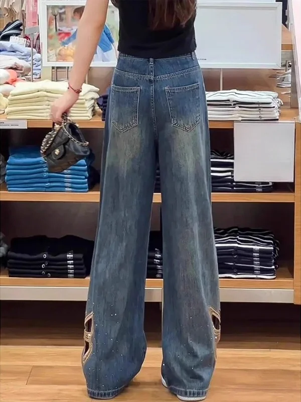 重い刺繍入り、透かし彫りデニムパンツ、レディースサマー新作、ハイウエスト、ゆったり、スリム、ロング丈パンツ、ブルー、ワイドレッグ