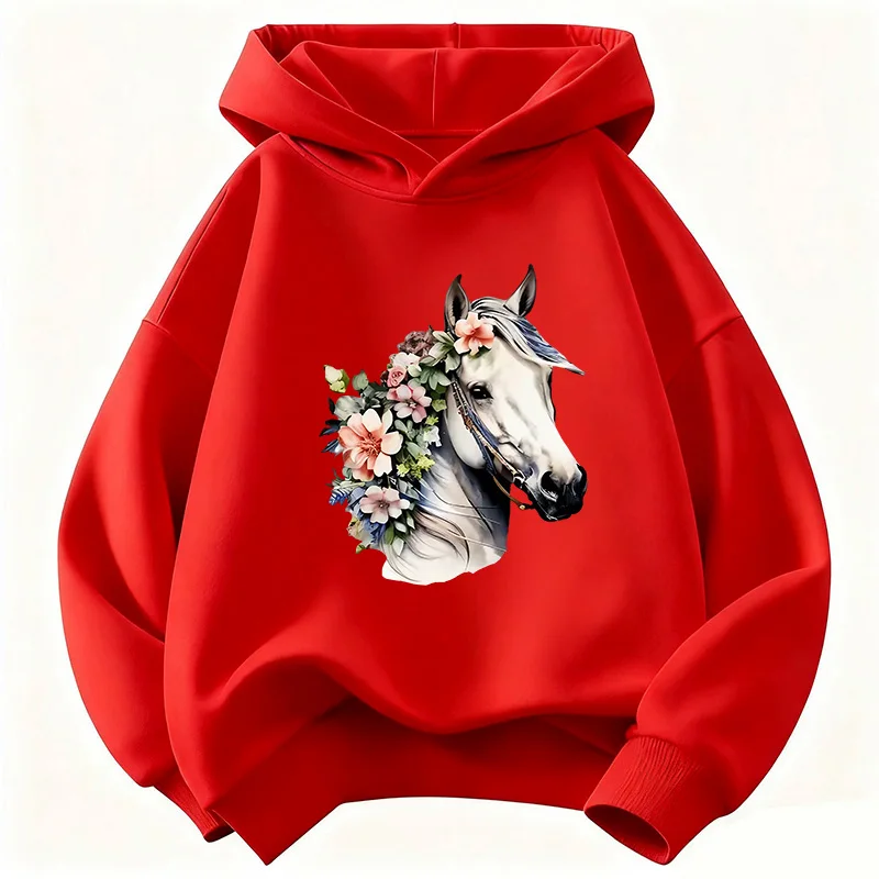 Modischer Pferde-Hoodie mit Blumendesign für Kinder Kawaii Kinder-Sweatshirt Kapuzenpullover für Jungen Mädchen Lässige Hoodies Hip-Hop-Kleidung