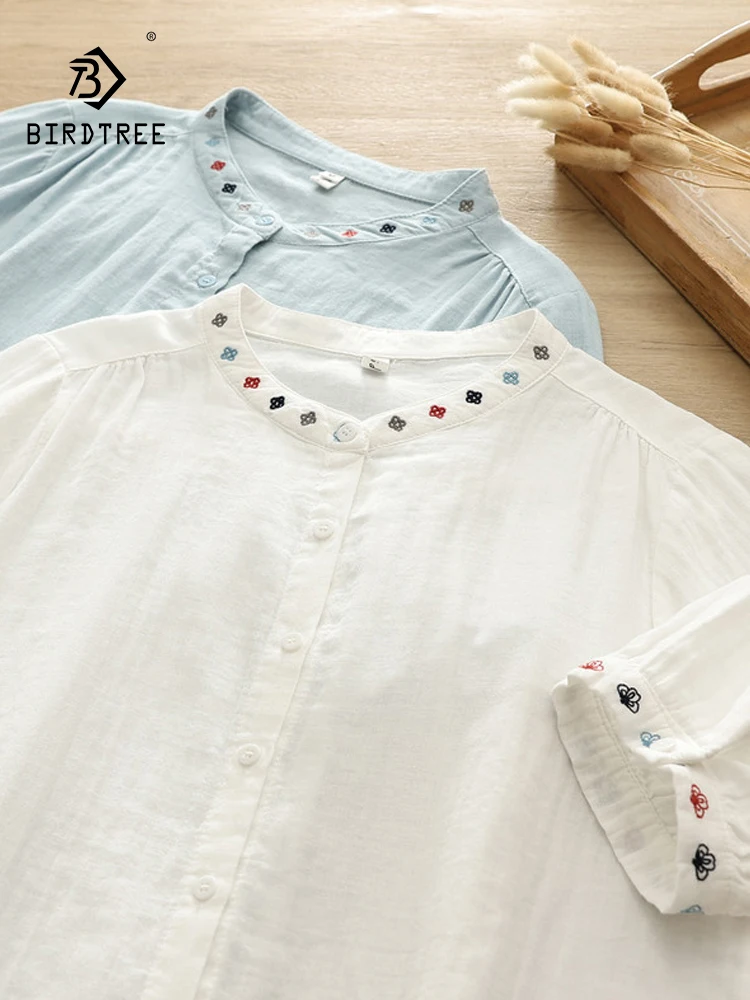 New 2026 Summer Women Cotton Yarn Half Sleeve Shirt, Stand Embroidery, Mori Girl Retro Preppy Style Thin Loose Blouse T66825CC