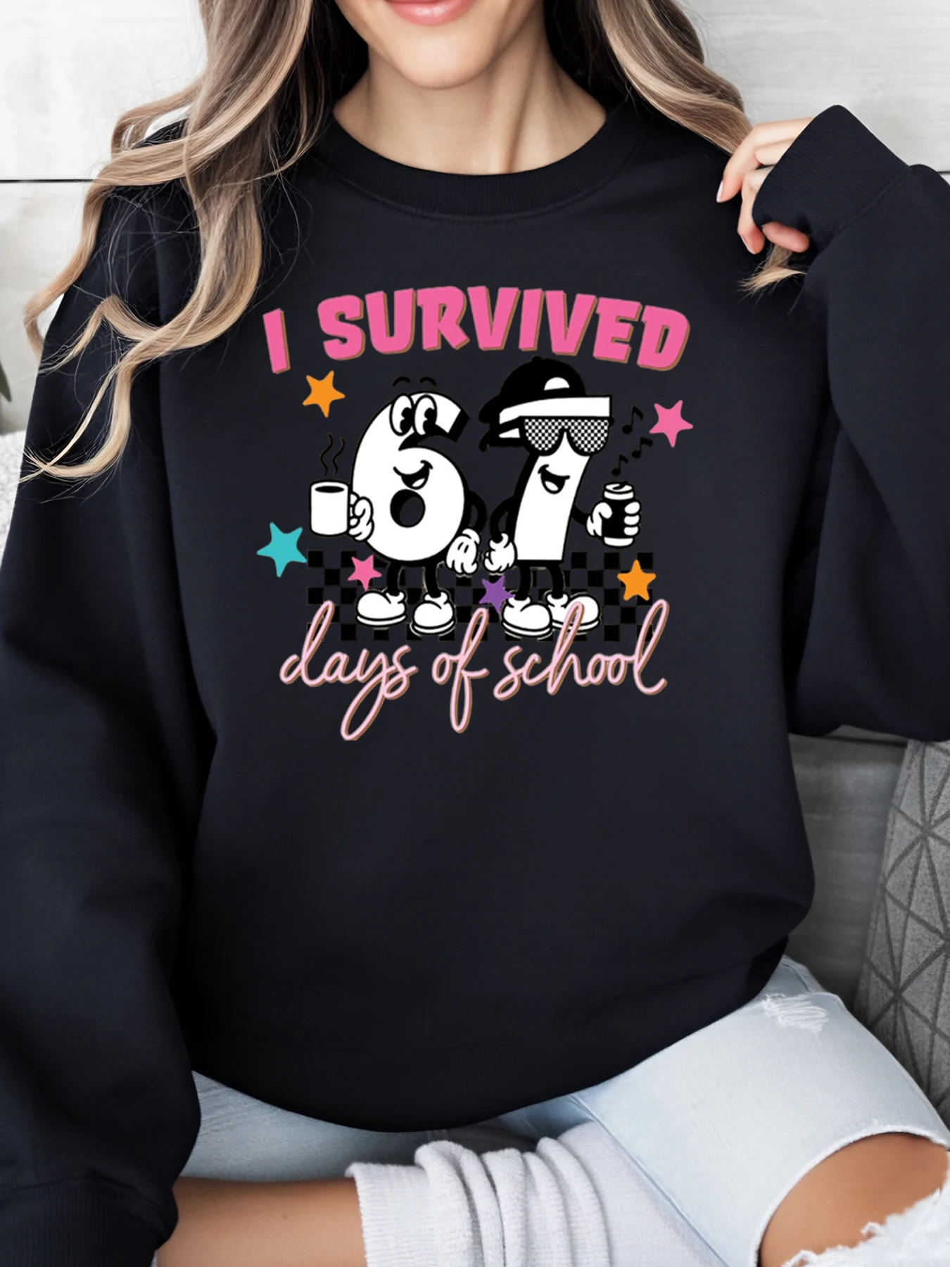 I Survived 67 Days of School Print Sweatshirt School Celebration Long Sleeve Top Women Casual Wear Black Plus-Size