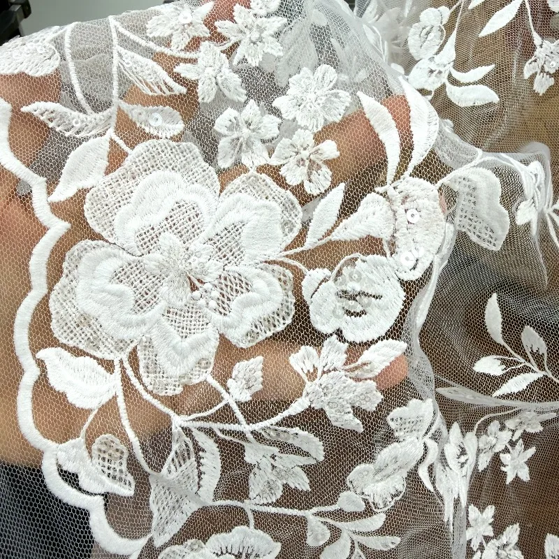 Luxury Embroidered Lace Fabric With Transparent Sequins Mesh Premium Lace Accessories For High End Wedding Dresses Formal Gowns