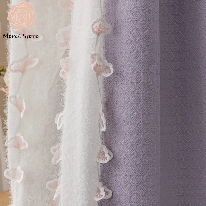 

Purple Jacquard Full Shade Lace Embroidered Gauze Curtain for Living Room Floor To Ceiling Custom Size Blackout Thermal Drapes