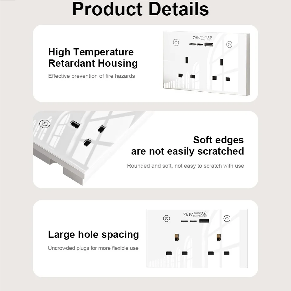 Tuya WiFi Smart UK Plug Double Socket USB Type C PD 70W Charger Wall Socket 16A Outlet Power Touch Switch for Alexa Google Home