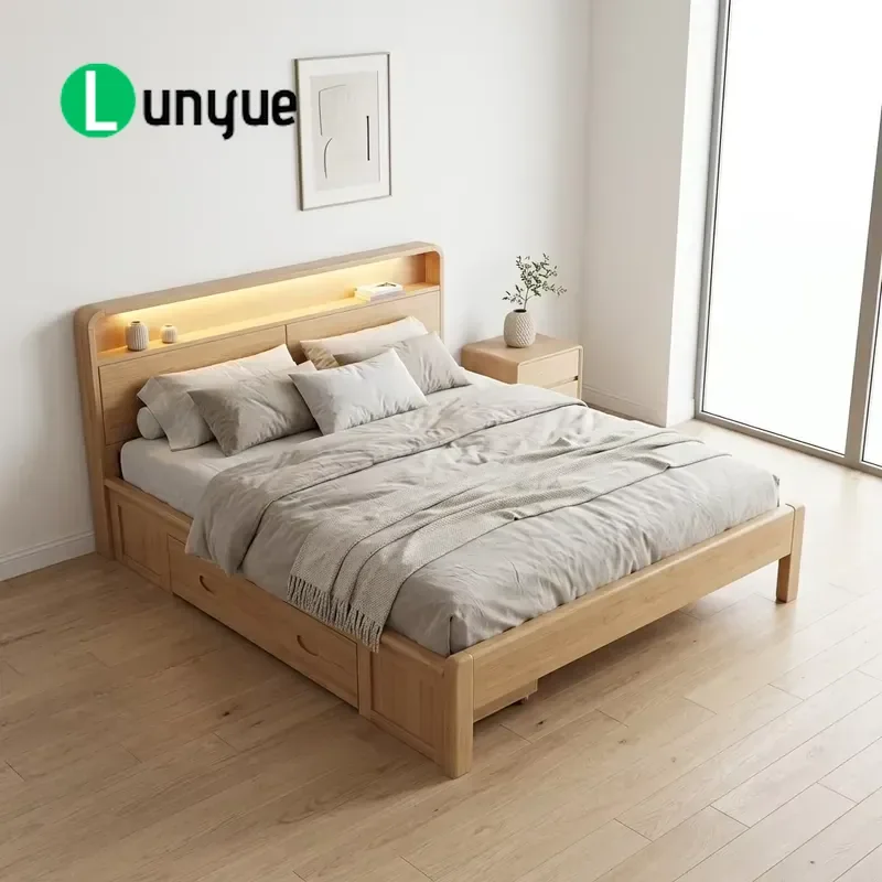 Modern Full Size Double Bed Solid Wood Platform Frame with Soft Upholstery Multi Functional Storage Space Saving Eco Friendly