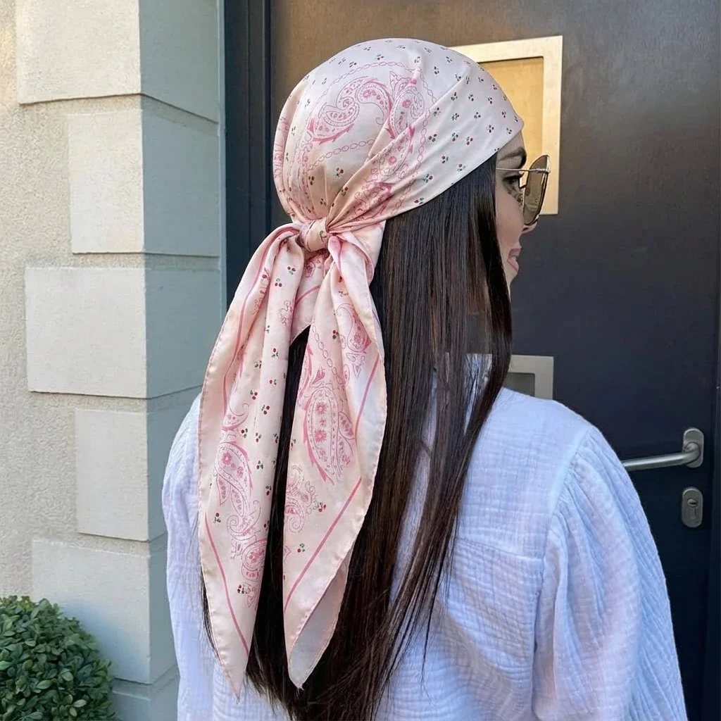 

90*90cm Pink Paisley Print Satin Hijabs for Women Luxury Square HeadScarf Bandana Cheveux Soft Neckerchief Hijab Hair Scarves