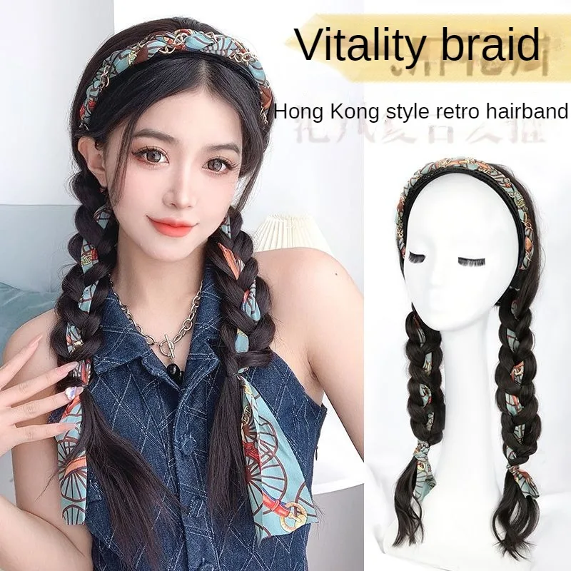 

Cheap Wig Womens Long Curly Hair Hairband Summer Synthetic Wigs Full Headband Fashion Daily Braid Artificial Hair Extensions Wig