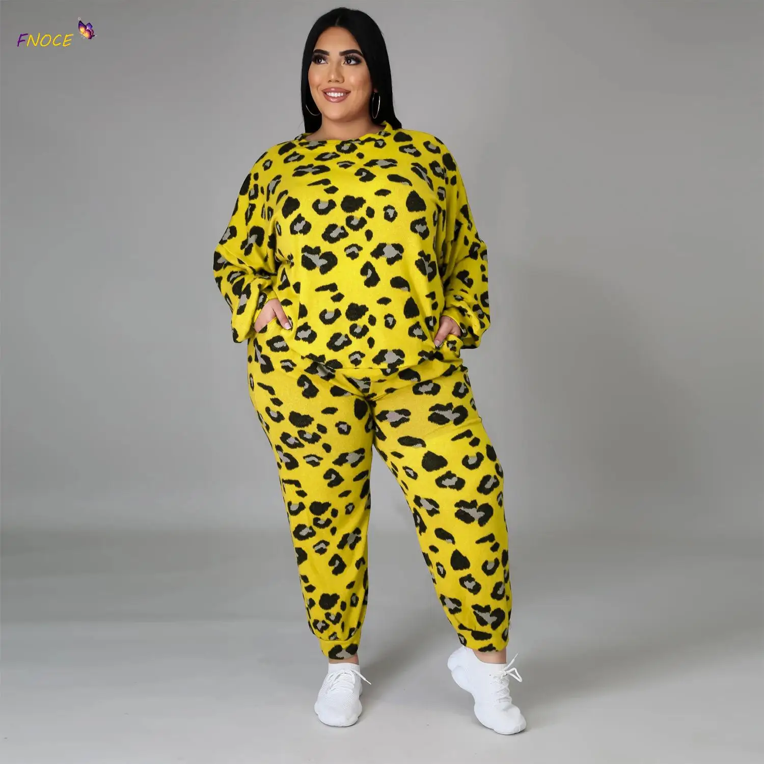 FNOCE Women's Clothes Plus Size Sets 2023 Autumn Casual Home Suit Female O-Neck Long Sleeve Leopard Print Loose Sweater 2 Piece