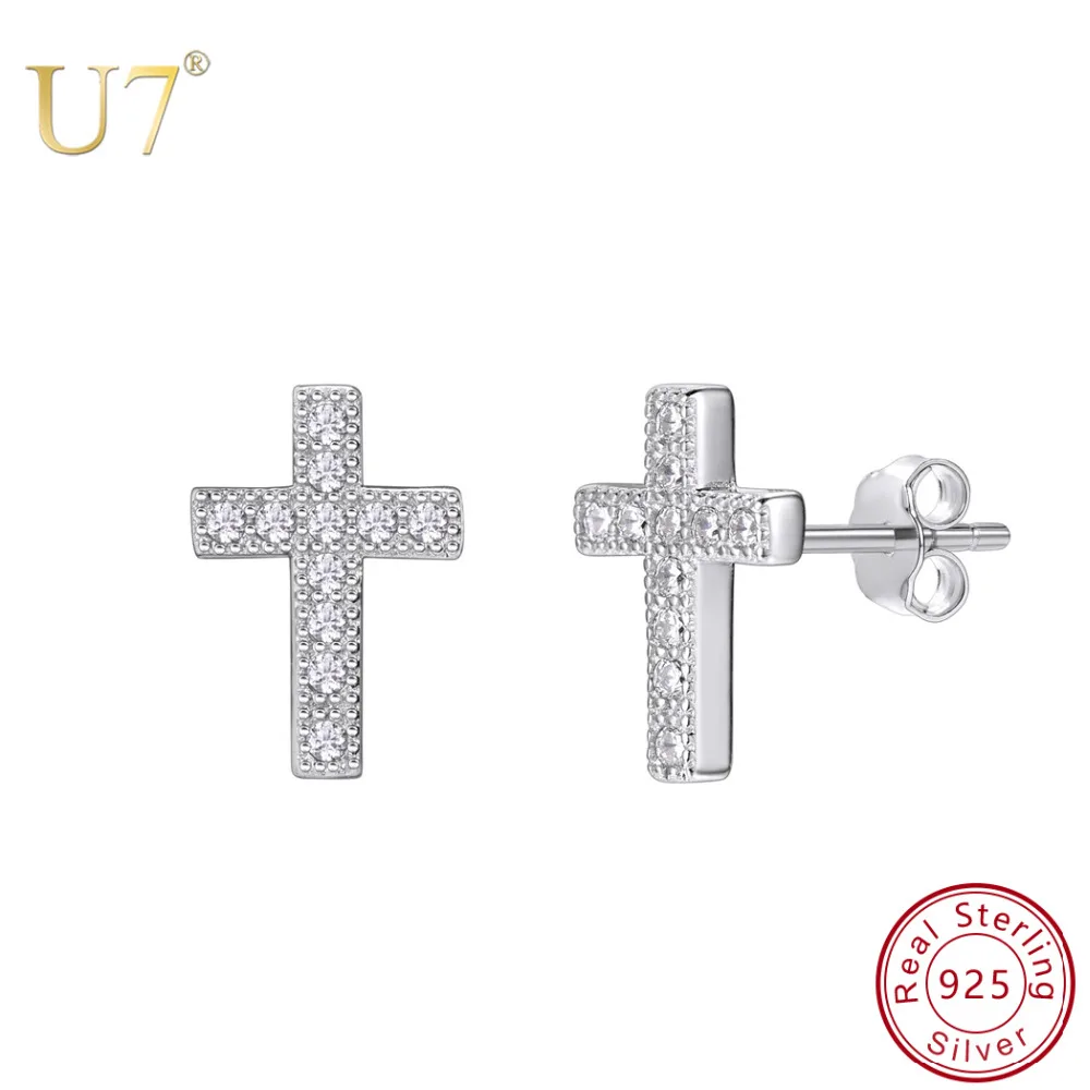 

U7 925 Sterling Silver Cross Stud Earring White Cubic Zirconia Pave Setting Crystal Simple Dainty Jewelry Gift QC24