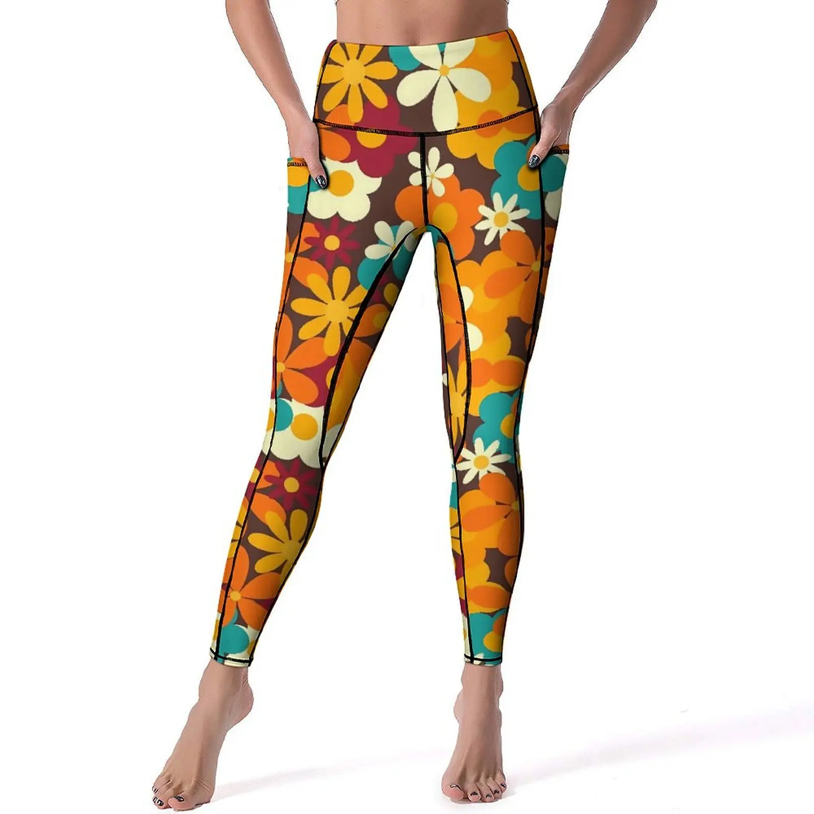 Retro Flower Power legging sexy jaren '70 klassieke bloemen push-up yogabroek vintage rekbare leggings dames workout sportlegging