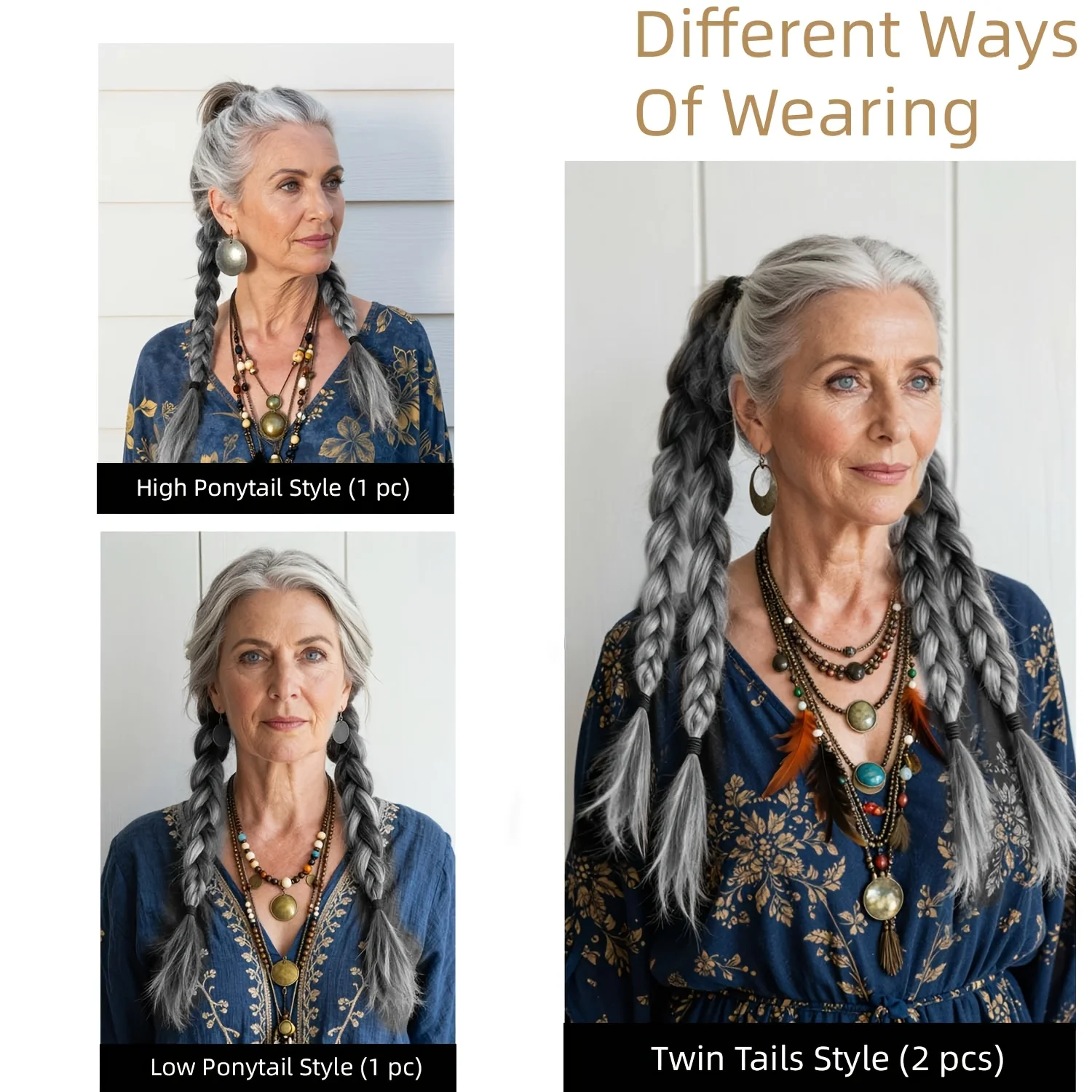Gray braid wig ponytail high-temperature heat-resistant material wig for daily wear to increase hair volume synthetic wig