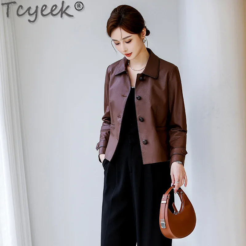 Tcyeekชั้นบนของแท้หนังแจ็คเก็ตผู้หญิงฤดูใบไม้ผลิฤดูใบไม้ร่วงเสื้อผ้าSheepskinหนังผู้หญิงแฟชั่น2024