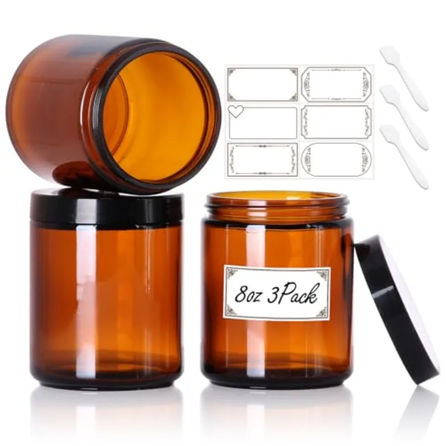8oz Airtight Glass Jars with Lids, 3 Pack Amber Empty Small Cosmetic jars Small Cosmetic Containers with Inner Liners, Leak-Pro