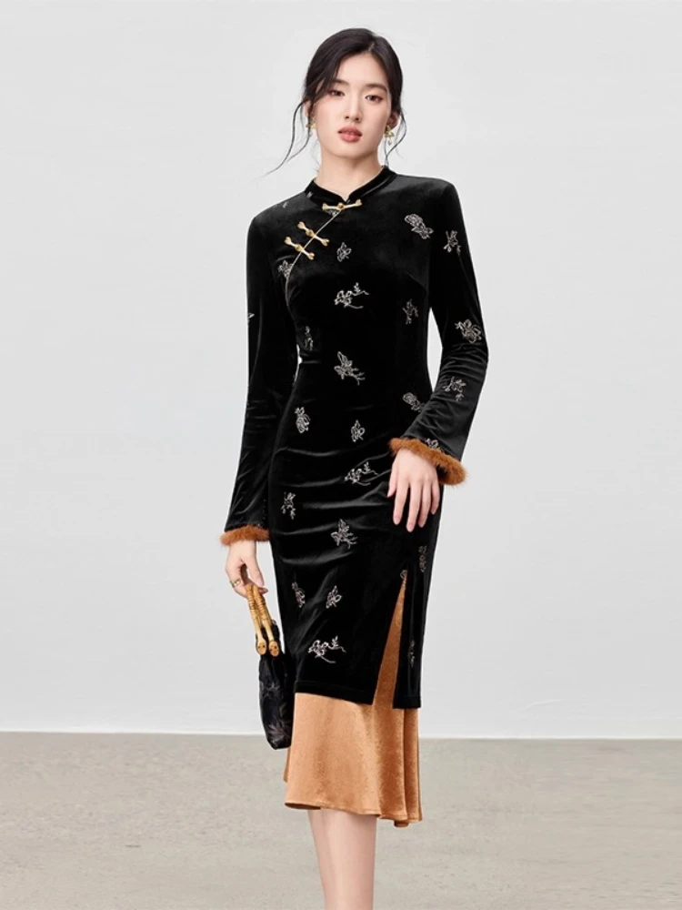 

SENTUBILA Elegant Chinese Style Dresses for Woman Stand Neck Contrasting Color Dress Long Sleeve Fake Two-Piece Dress Q54LV3705