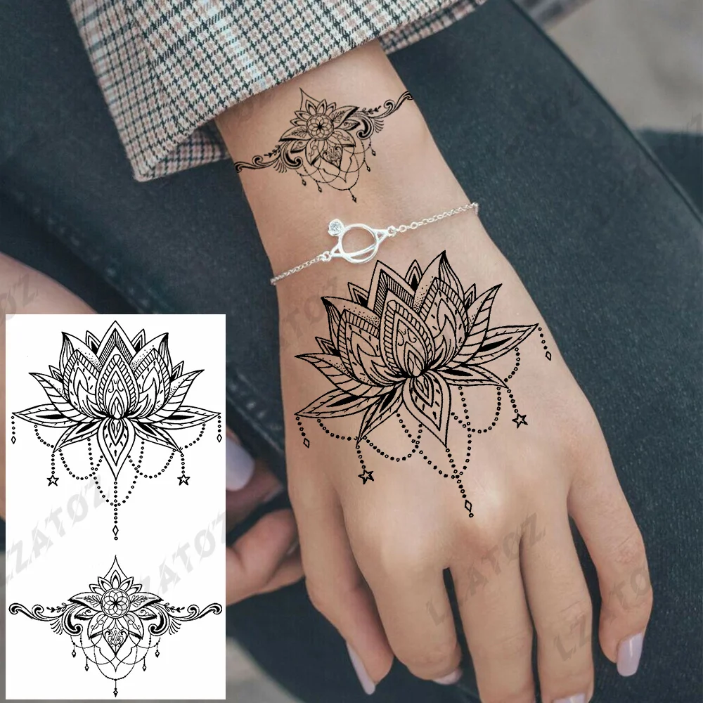 Henna Lotus Flower Temporary Tattoos For Woman Adults Realistic Mandala Pendant Fake Tattoo Sticker Hand Water Transfer Tatoos