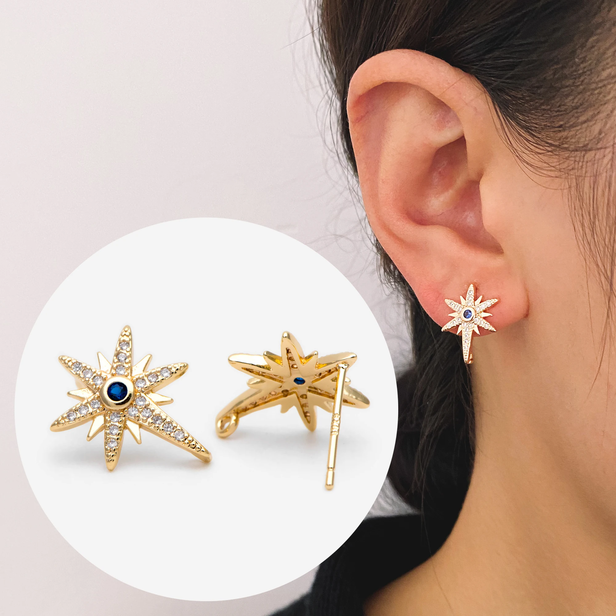 

4pcs CZ Paved North Star Ear Posts with Loops,25x11mm, Real Gold Plated Brass Star Stud Earrings (#GB-1687)