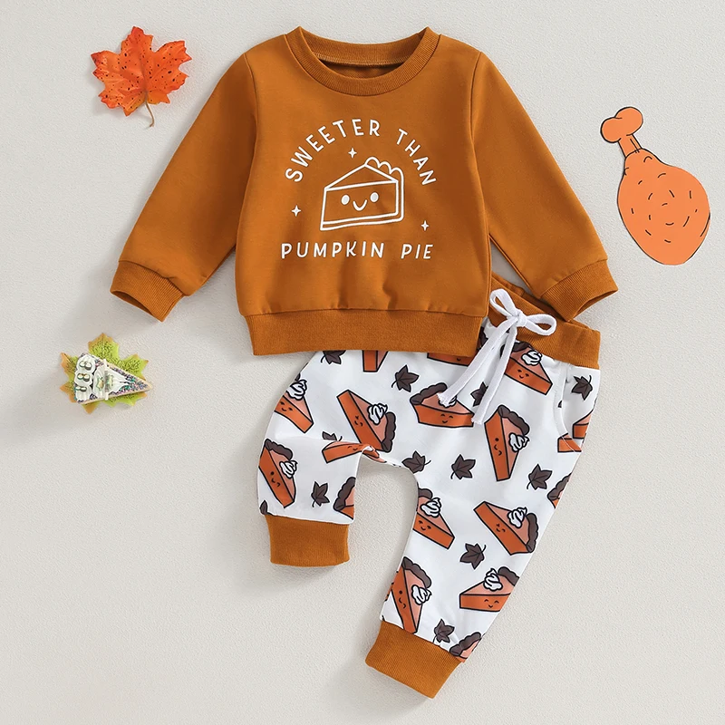 

2023-08-08 Lioraitiin 0-3Y Toddler Baby Boy Thanksgiving Clothes Sets Letter Pie Print Long Sleeve Pullover Sweatshirt Tops Pant