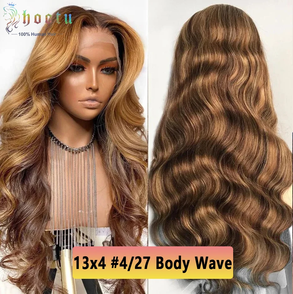 

13x4 Transparent Lace Front Human Hair Wigs P4/27 Colored Highlight Body Wave Wigs Human Hair 18-22 Inch 180% Density For Women