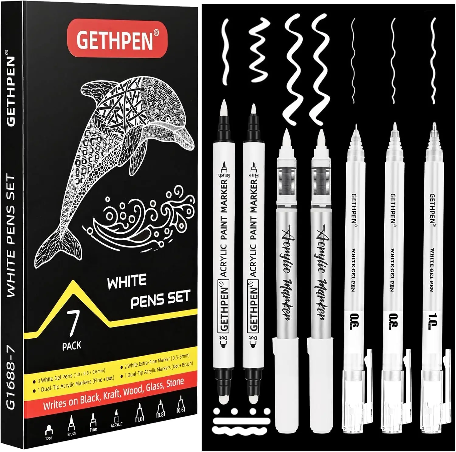 

White Ink Pens, Fine Point Gel Pens, Brush Tip Acrylic Markers,white paint pen, Dual-Tip Opaque Paint Pens for Black Paper Drawi