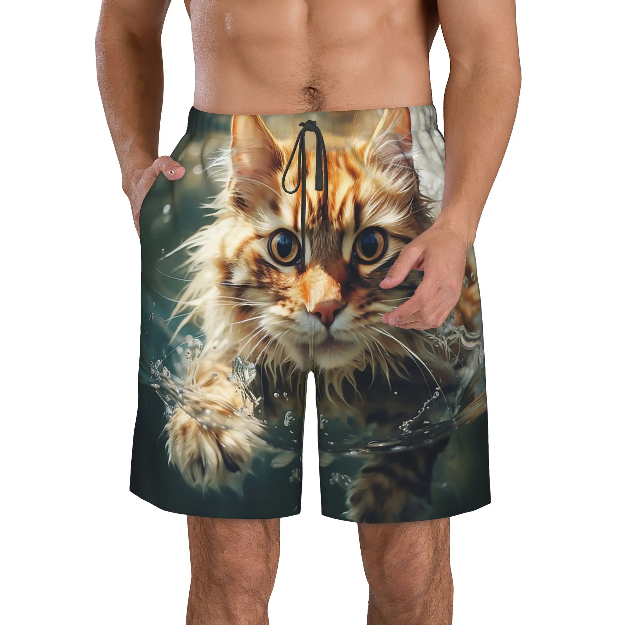 Orange Cat Swimming In The Water Trunks Beach Board Shorts Casual Quick Dry Swimming Summer Men Pants