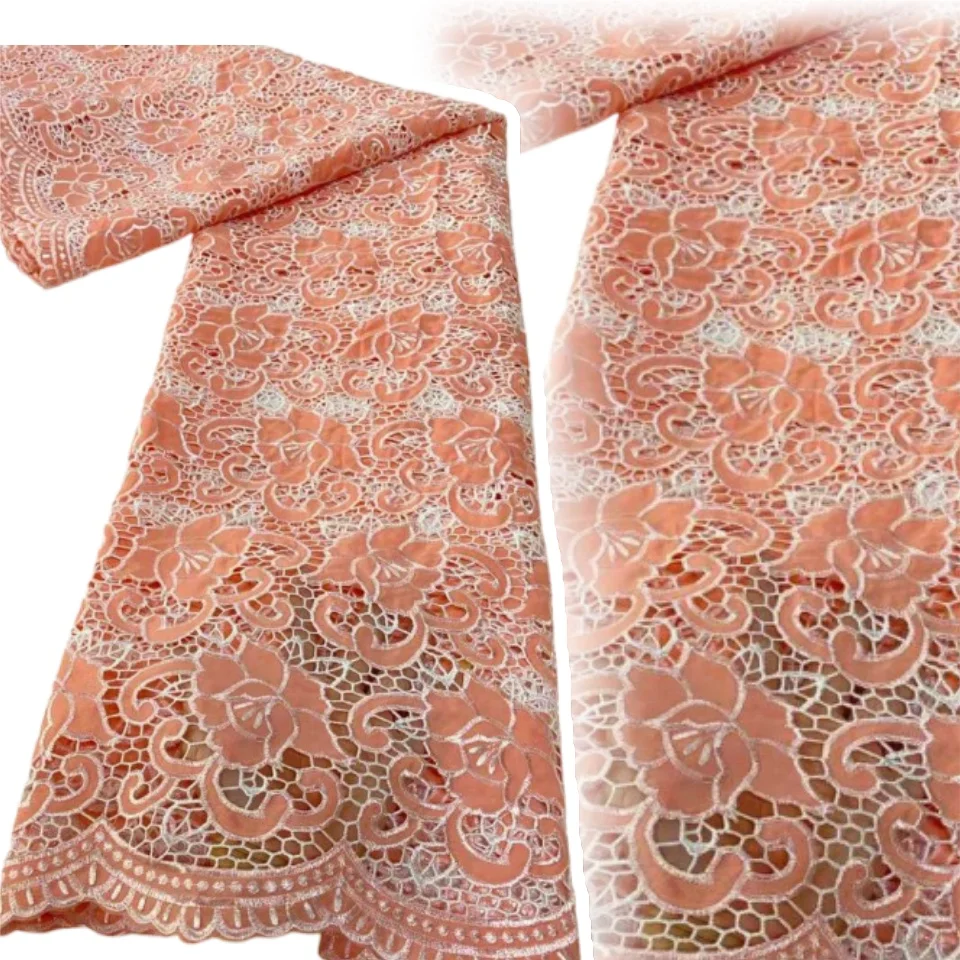 

African Lace Fabric 5 Yards High Quality 2025 Nigerian Cord Guipure Lace Fabrics White Tulle Fabric for Wedding Dress CC1246