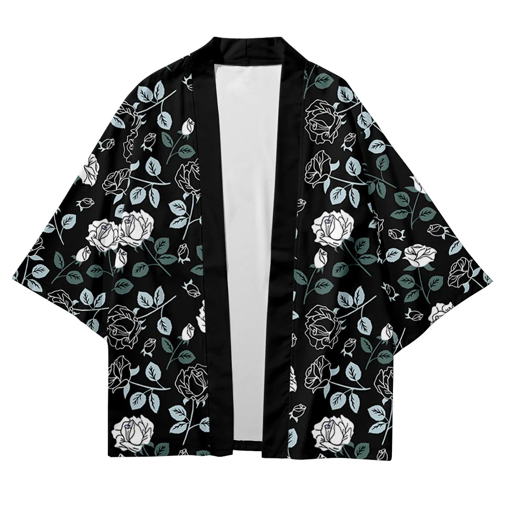 Men and women Japanese kimono traditional art rose flower printed casual loose thin coat Asian kimono cardigan 2