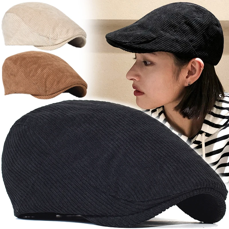 Autumn Winter Retro  Berets Four Seasons Corduroy Caps Female Japanese Version of Ins Reverse Wearing Painter Women's Front Hats