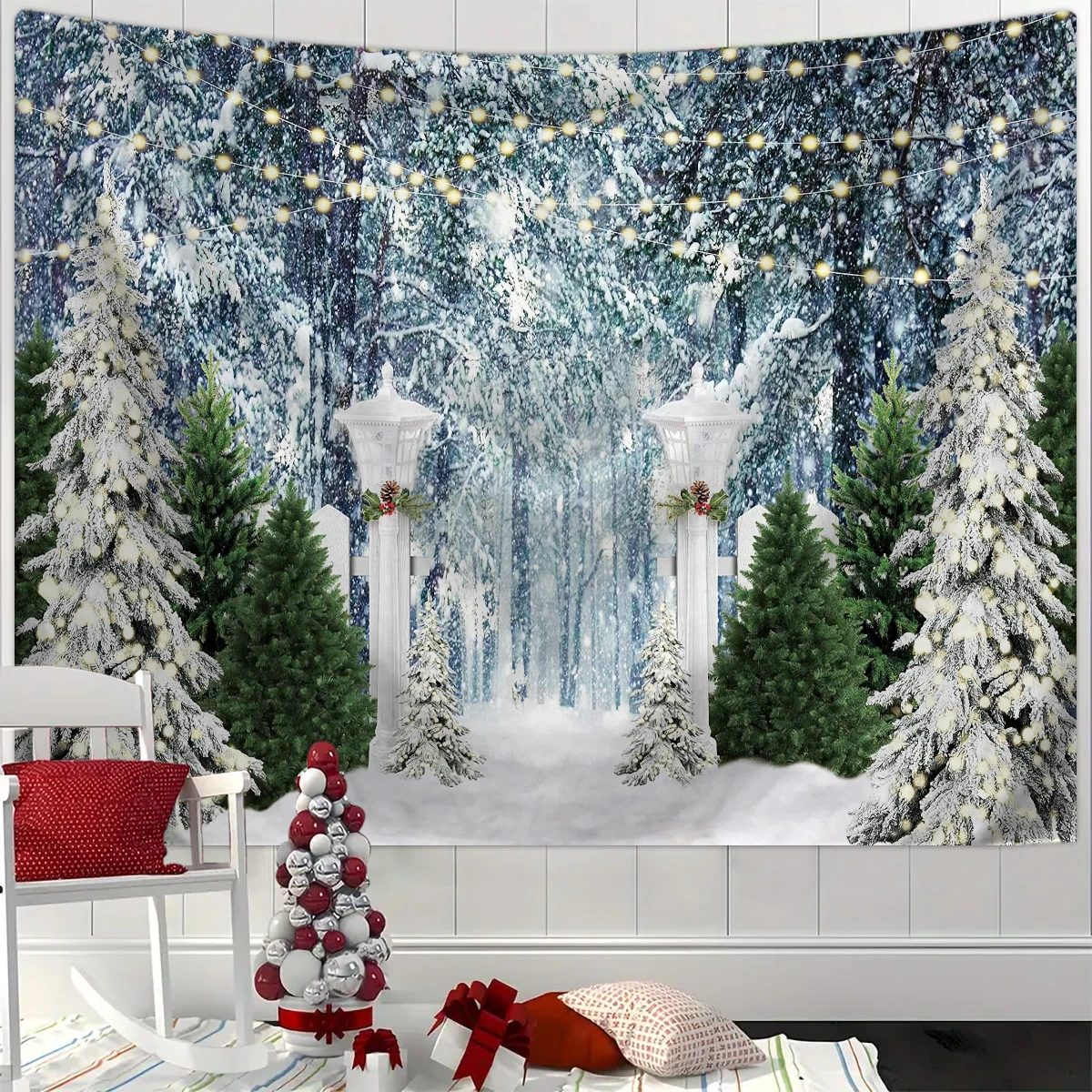 1pc Christmas Tapestry, Christmas Tree Fireplace Snow Background Cloth, Christmas Party Photography Background Wall Cloth