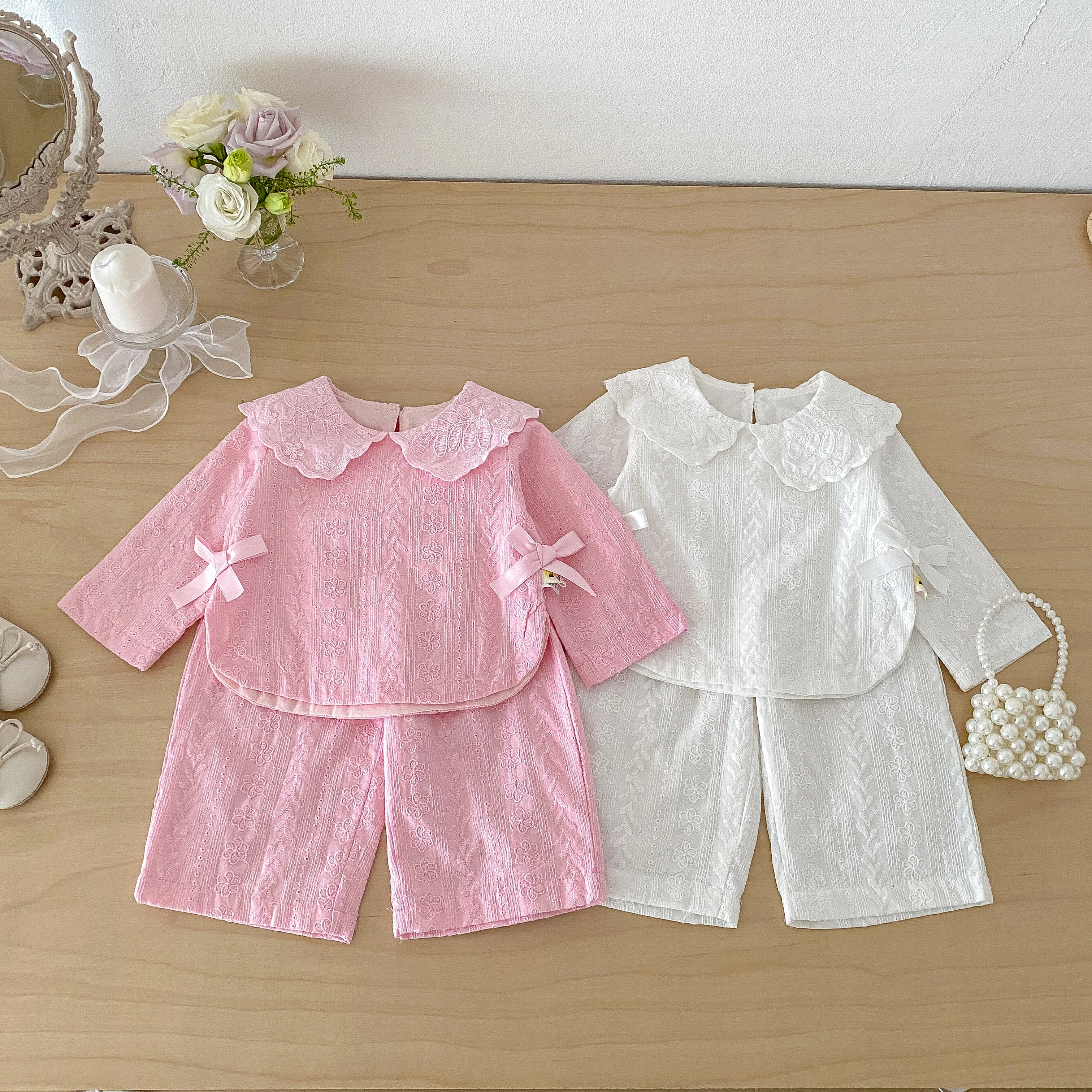 Girls' Fall Set: Wide-Leg Pants and Blouse with butterfly Knot Design and Jacquard Fabric Pants