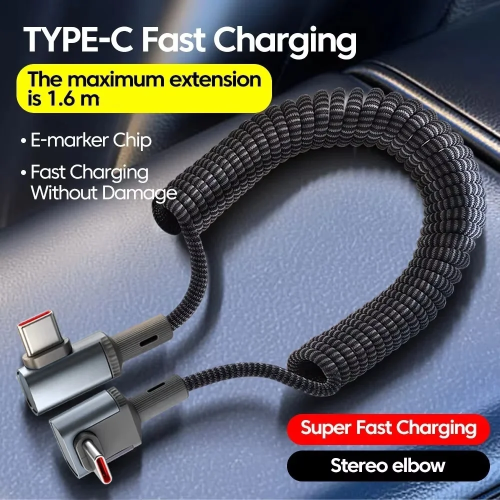 100W Type C/USB Elbow Spring Data Cable Super Fast Charging Dual Type-C Phone Charging Cable Car Retractable for iPhone Samsung