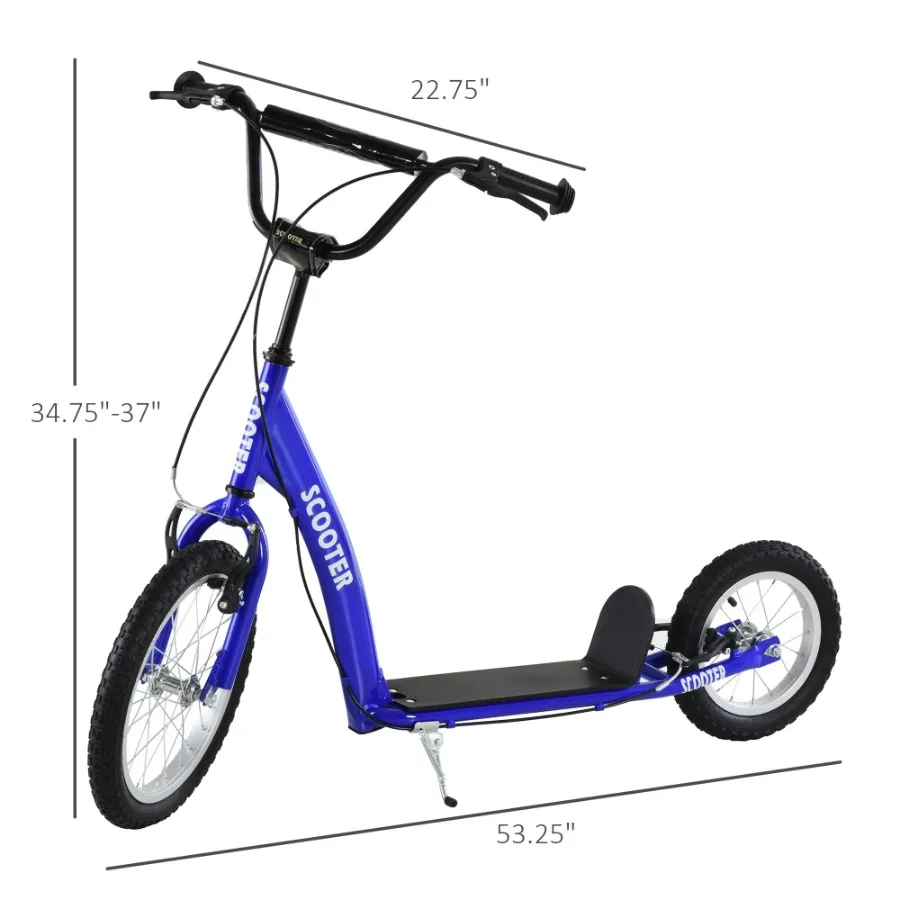 Aosom Youth Scooter Kick Scooter para 5+ con manillar ajustable 16 frenos dobles delanteros y 12 traseros ruedas inflables azul