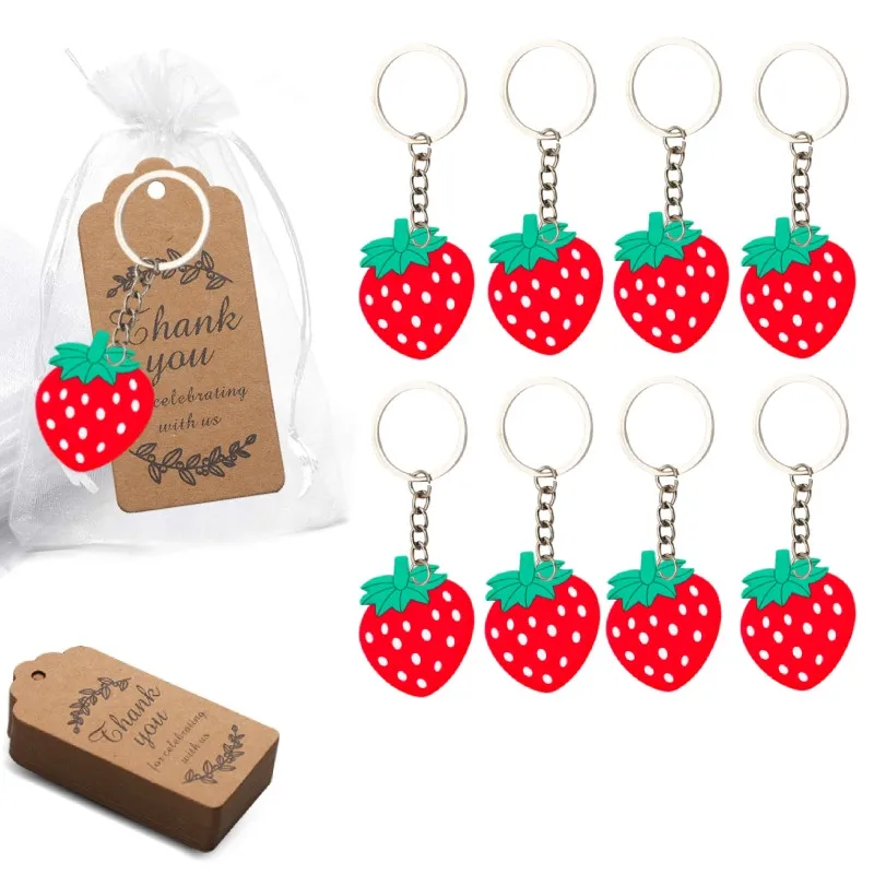 10Sets,Strawberry Keychains for Party Favors with White Goodie Bag Thank You Tags Strawberry Party Supplies