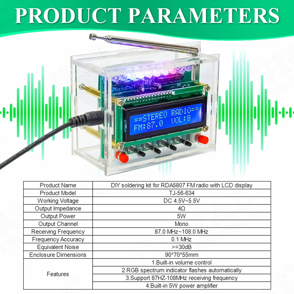 DIY FM Radio Electronic Kit Adjustable Frequency 87-108MHZ LCD1602 Display PCB Soldering Project Practice Solder RDA5807