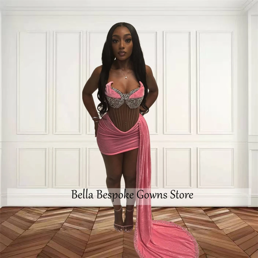 Pink Strapless Pleats Short Prom Dresses For Black Girl Bead 2024 Birthday Luxury Dress Mini Cocktail Homecoming With Side Train